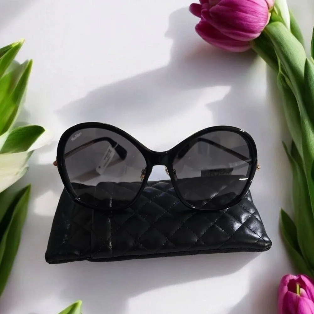 Max Mara Sunglasses Oversized Round Black Gold Designer‎ Frames Women NWT & Case